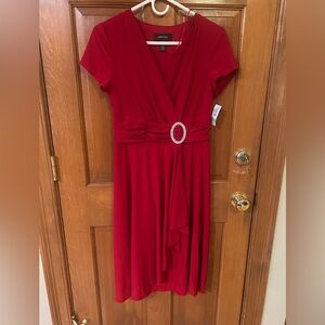 R&M Richards Red Faux-Wrap Midi Dress with Rhinestone Waist Accent